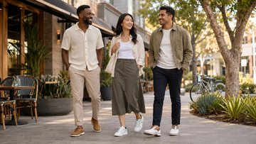 Friends walking in sustainable white, cork and brown Cactus Greens golf shoes