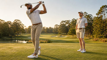 White sustainable spikeless golf shoes on a green golf course